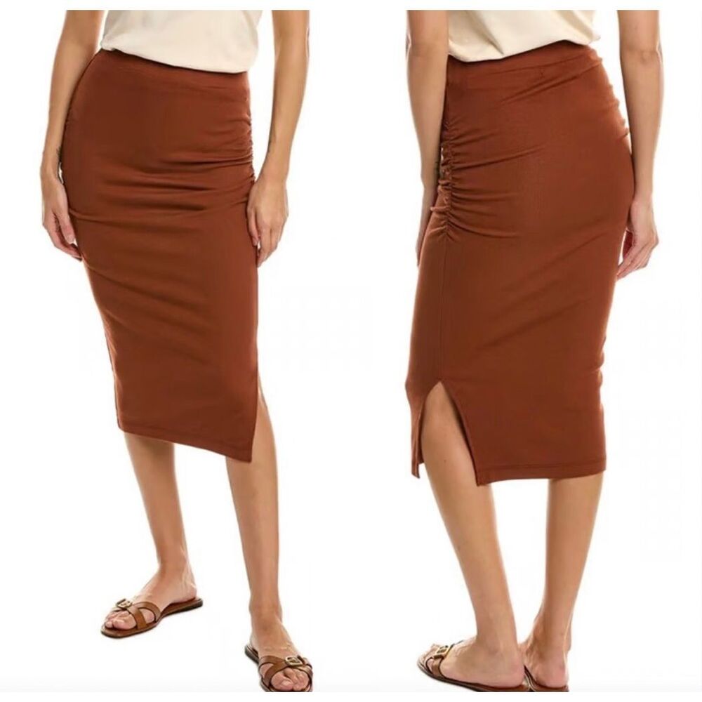 MICHAEL STARS Women’s Rust Brown Rae Ruched Side Slit Midi Skirt Size Medium